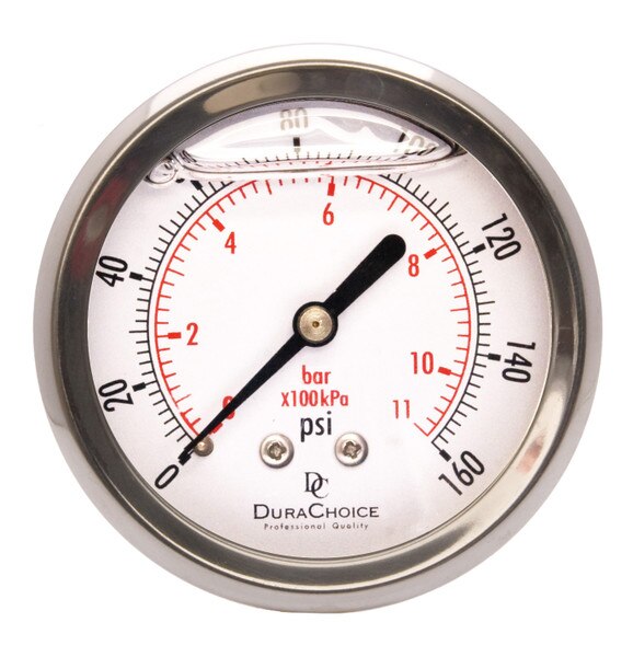 2-1/2" Silicone Oil Filled Pressure Gauge Stainless Steel Face, Brass, 1/4" NPT Center Back Mount, 0-160PSI