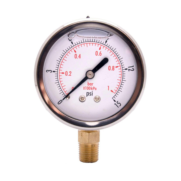 2-1/2" Oil Filled Pressure Gauge - Stainless Steel Case, Brass, 1/4" NPT, Lower Mount Connection