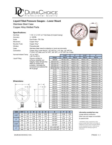 2-1/2" Liquid Filled Pressure Gauges - Stainless Steel Case, Brass, 1/4" NPT, Lower Mount Connection