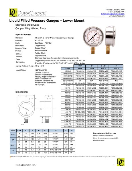 2-1/2" Oil Filled Pressure Gauge - Stainless Steel Case, Brass, 1/4" NPT, Lower Mount Connection