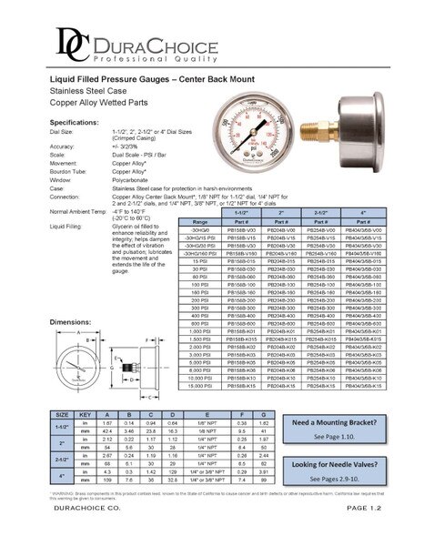 2" Liquid Filled Pressure Gauges - Stainless Steel Case, Brass, 1/4", Center Back Mount Connection