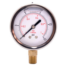 2" Oil Filled Pressure Gauge - Stainless Steel Face, Brass, 1/4" NPT Lower Mount Connection