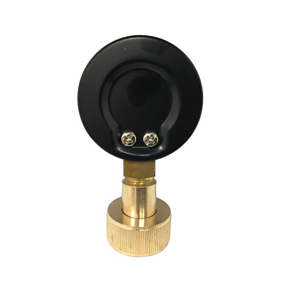 2" Water Test Gauge, water or gas lines, 3/4" NPT Top Connection, Black Steel Case, Brass Internals, 3/4" Thread Swivel Hose Connection.