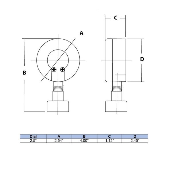 2" Water Test Gauge, water or gas lines, 3/4" NPT Top Connection, Black Steel Case, Brass Internals, 3/4" Thread Swivel Hose Connection.