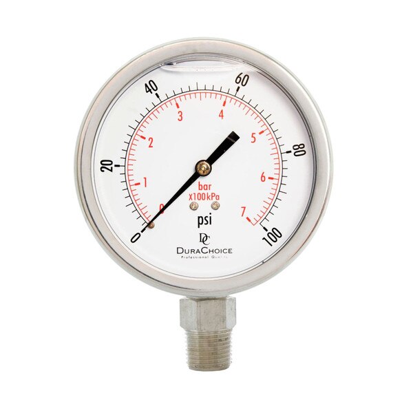 4" All Stainless Steel Liquid Filled Pressure Gauge, 1/2" NPT, Lower Mount Connection
