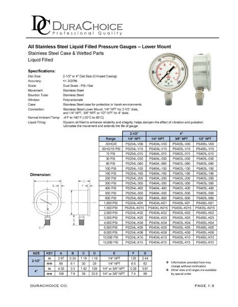 4" All Stainless Steel Liquid Filled Pressure Gauge, 1/2" NPT, Lower Mount Connection