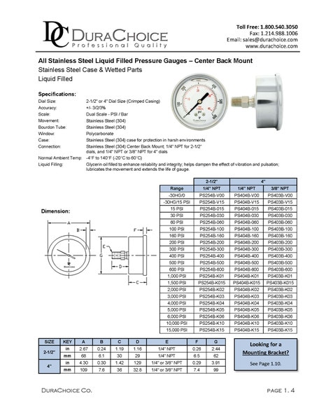 4" All Stainless Steel Oil Filled Pressure Gauge - 1/4" NPT Center Back Mount 15,000PSI