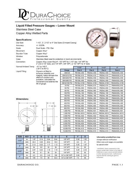 4" Oil Filled Pressure Gauge - Stainless Steel Case, Brass, 1/2" NPT, Lower Mount Connection