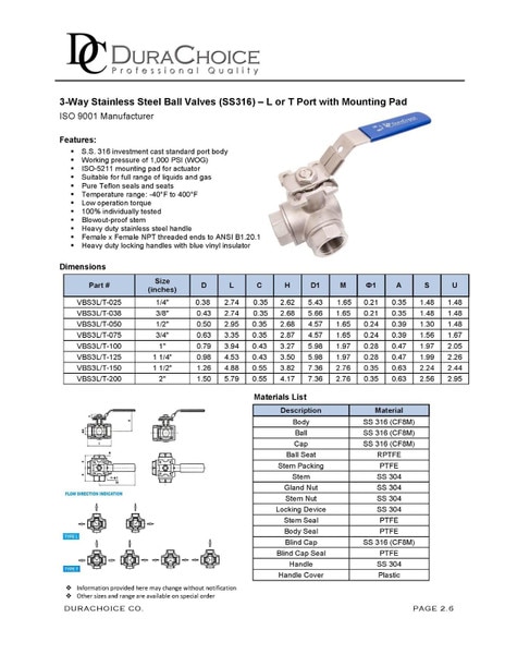 Stainless Steel (316) 3-Way Ball Valve - L Port With Mounting Pad, 1,000PSI