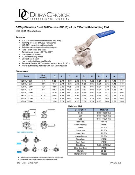 Stainless Steel (316) 3-Way Ball Valve - T Port With Mounting Pad, 1,000PSI