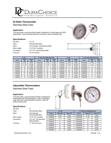 Adjustable Industrial Bimetal Thermometer 5" Face - Stainless Steel Case w/Calibration Dial
