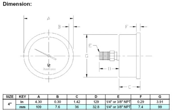 4" Face Vacuum Gauge Oil-Filled Center Back Mount