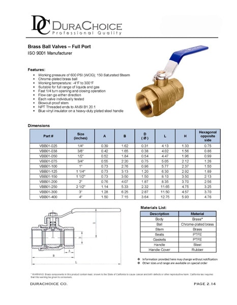 Brass Ball Valve - Full Port 600 PSI (WOG)