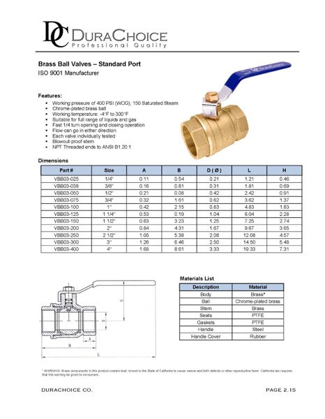 Brass Ball Valve - Standard Port 400WOG, w/Red Handle