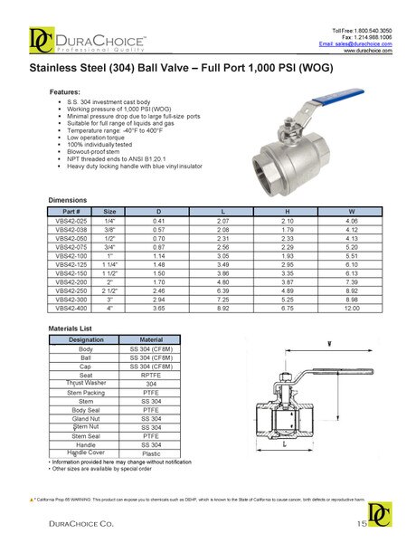 DuraChoice 304 Stainless Steel Ball Valve - Full Port, 1000 WOG for Water, Oil, and Gas with Blue Locking Handles, NPT.