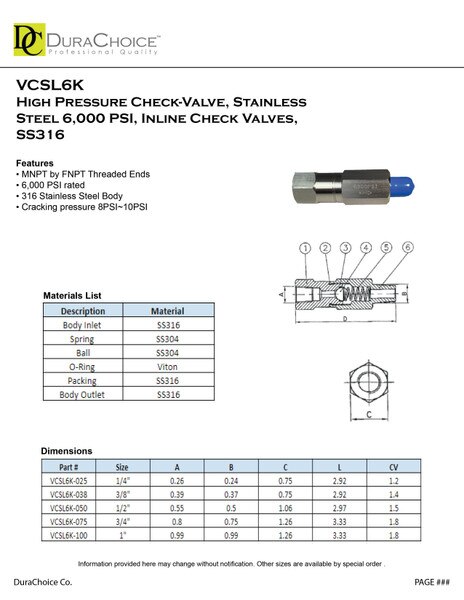 High pressure check-valve, Stainless Steel 6000 PSI, Inline check valves, SS316