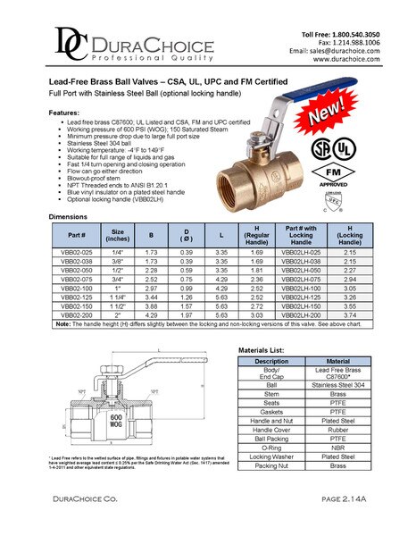 Lead-Free Brass Ball Valve Full Port, UL FM CSA