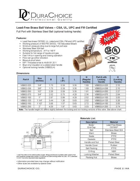 Lead-Free Brass Ball Valve Full Port w/ Locking Handle, UL FM CSA