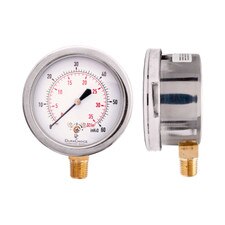 2-1/2" Stainless Steel/Brass Low Pressure Capsule Gauge Lower Mount 1/4" NPT, Dual Scale w/Bar.