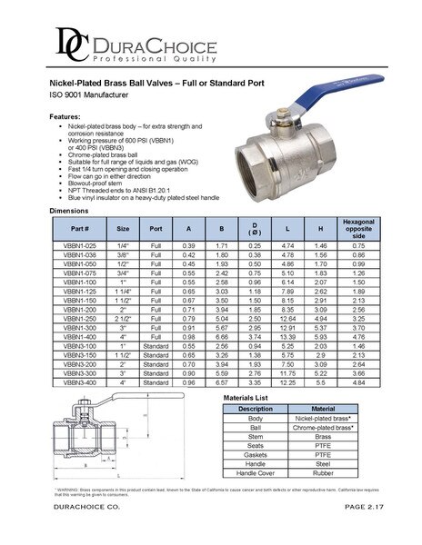 Nickel Plated Brass Ball Valve, Full Port 600WOG