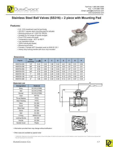SS316 Ball Valve with high platform and direct mounting pad, 2pc full port,. 1000WOG, 14 NPT