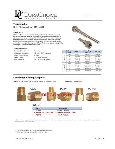Thermowell Stainless Steel 304 - 1/2" NPT Connection