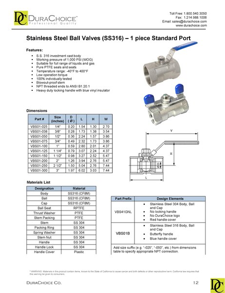 Stainless Steel (316) Ball Valve - 1pc Standard Port, 1,000WOG