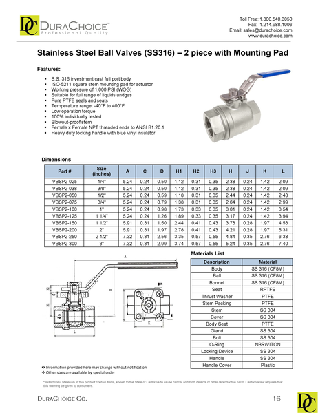Stainless Steel (316) Ball Valve - 2pc With Mounting Pad, 1000PSI