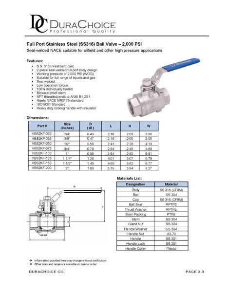 2,000 PSI Stainless Steel (316) Ball Valve, Full Port, Seal Welded for High Pressure, NACE