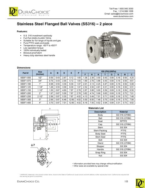 Stainless Steel (316) Flange Ball Valve - 2pc, 150LB