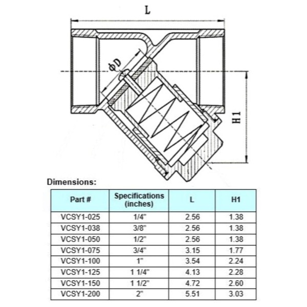 Stainless Steel (316) Y-Spring Check Valve, 800 PSI