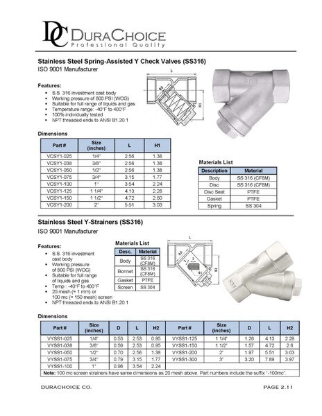 Stainless Steel (316) Y-Spring Check Valve, 800 PSI
