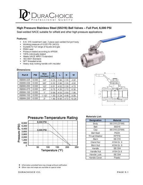 SS 316 Seal Welded Ball Valve 6,000PSI